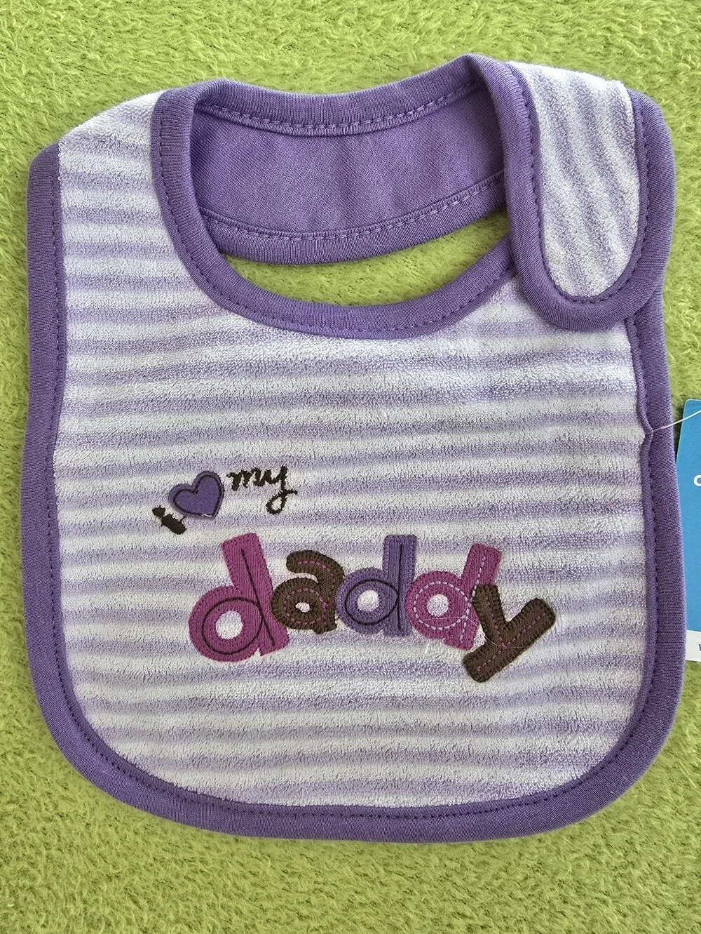 NWT O-12M BABY GIRL BIB Carter's Purple & White Striped I LOVE MY DADDY (Q10)
